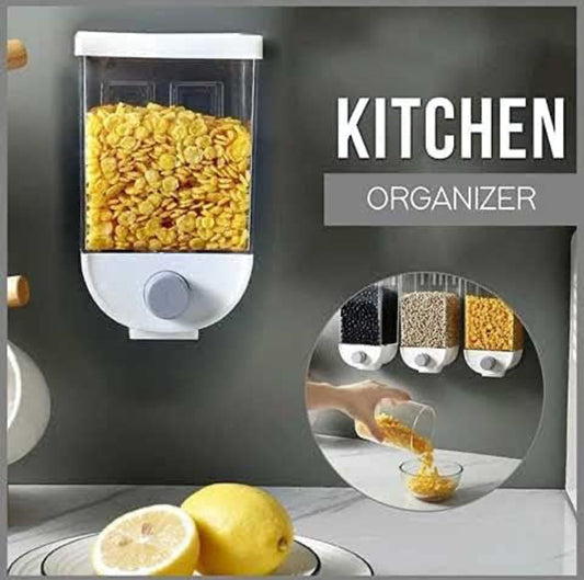 Transparent Wall Mounted Plastic Dry Food Rice Grains Cereal Storage Push Button Dispenser Jar for Home and Kitchen - 1500ML