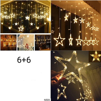 Decorative Star Curtain LED Lights for Diwali (2.5 mtr, 138 LED, 6+6 Star), Curtain String Lights with 8 Flashing Modes, Decoration for Christmas, Wedding, Party, Warm White