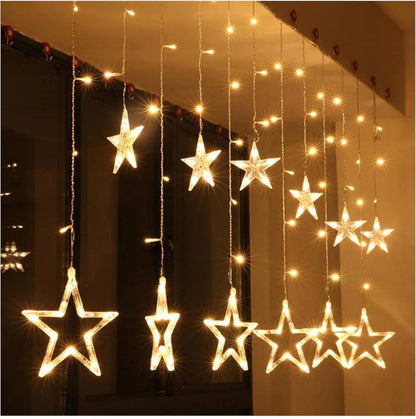 Decorative Star Curtain LED Lights for Diwali (2.5 mtr, 138 LED, 6+6 Star), Curtain String Lights with 8 Flashing Modes, Decoration for Christmas, Wedding, Party, Warm White