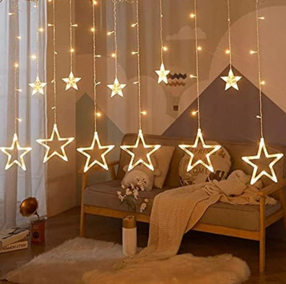 Decorative Star Curtain LED Lights for Diwali (2.5 mtr, 138 LED, 6+6 Star), Curtain String Lights with 8 Flashing Modes, Decoration for Christmas, Wedding, Party, Warm White