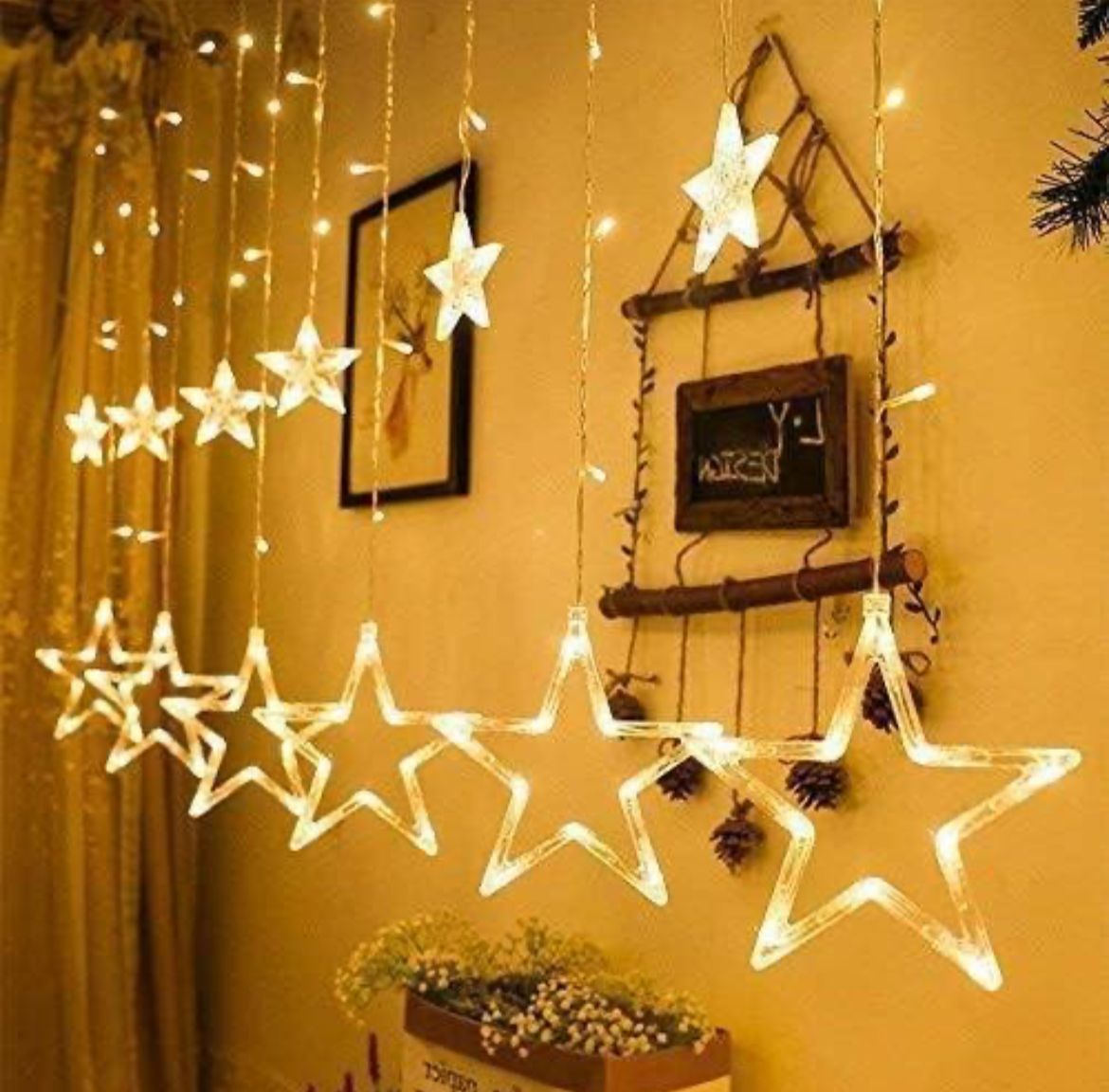 Decorative Star Curtain LED Lights for Diwali (2.5 mtr, 138 LED, 6+6 Star), Curtain String Lights with 8 Flashing Modes, Decoration for Christmas, Wedding, Party, Warm White