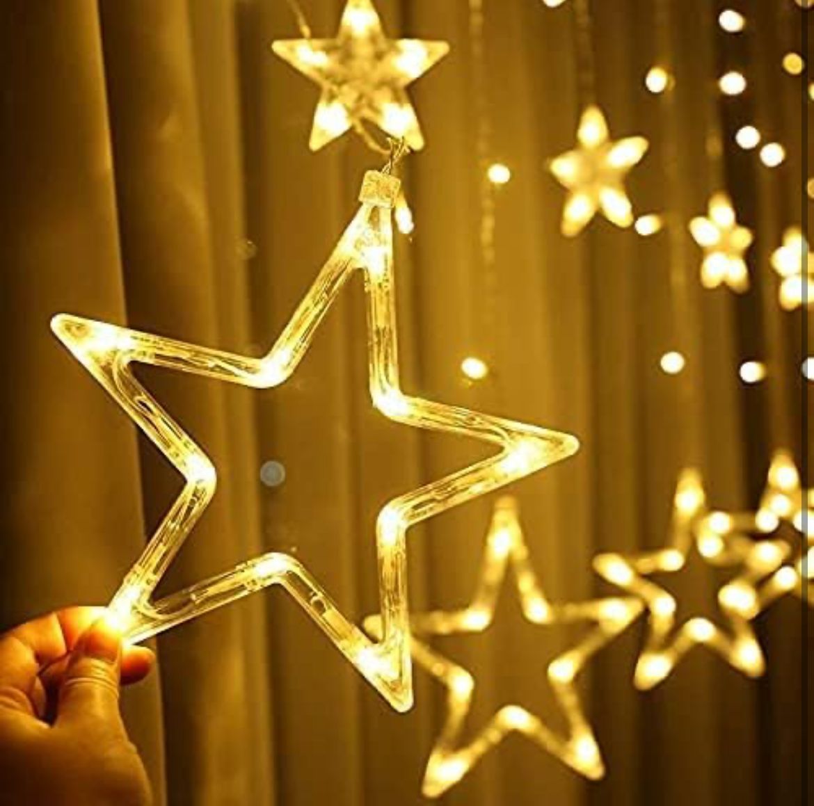 Decorative Star Curtain LED Lights for Diwali (2.5 mtr, 138 LED, 6+6 Star), Curtain String Lights with 8 Flashing Modes, Decoration for Christmas, Wedding, Party, Warm White