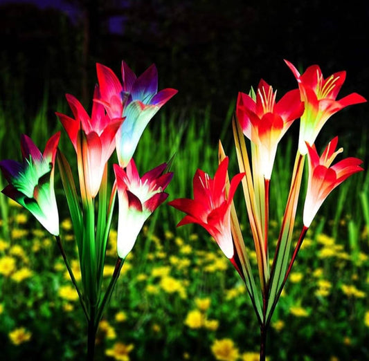 Outdoor Solar Garden Lights - 2 Pack Solar Powered Lights with 8 Lily Flower, Multi-Color Changing LED Solar Decorative Lights for Gard