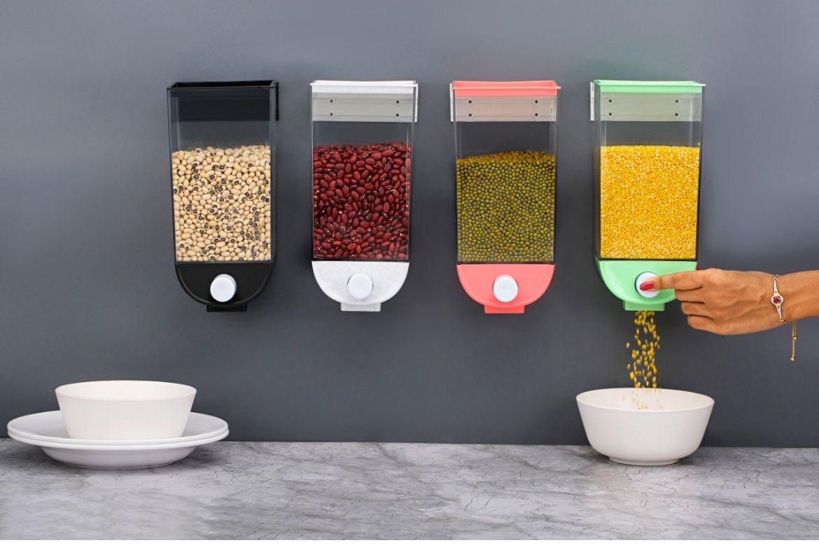 Transparent Wall Mounted Plastic Dry Food Rice Grains Cereal Storage Push Button Dispenser Jar for Home and Kitchen - 1500ML