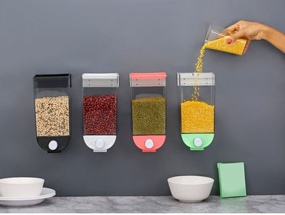 Transparent Wall Mounted Plastic Dry Food Rice Grains Cereal Storage Push Button Dispenser Jar for Home and Kitchen - 1500ML