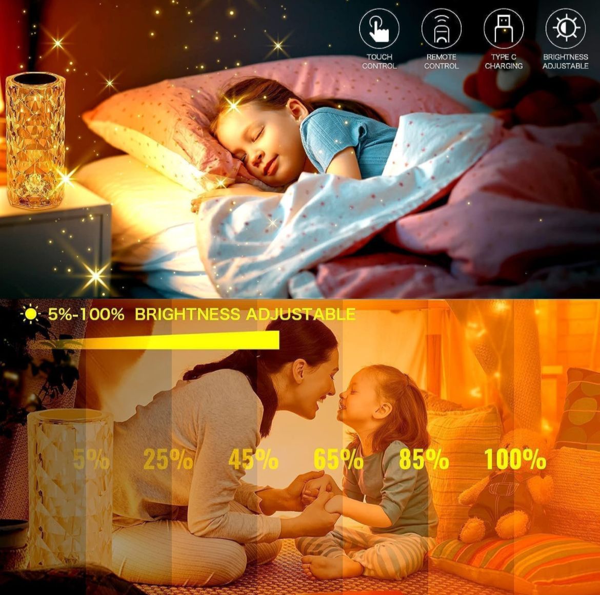 Crystal Lamp, Color Changing Rose Crystal Diamond Table Lamp, USB Rechargeable Led Strip Lighting Touch Bedside Lamp Night Light with Remote Control